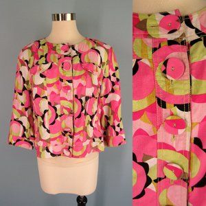FOCUS 2000 Jacket 12P Petite 100% Linen Pink Green Mod Floral Colorful Women's